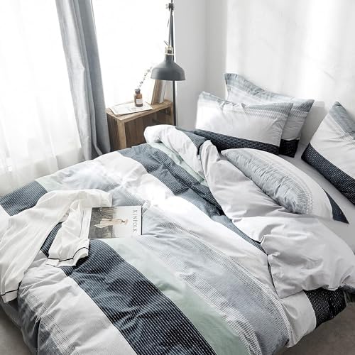 Reyos Cotton Stripe Duvet Cover Queen White Blue Grey Stripes Pattern Comforter Cover Cotton Geometric Stripe Bedding Duvet Cover With Zipper Closure 1 Boho Striped Duvet Cover With 2 Pillowcases Queen thumb #1