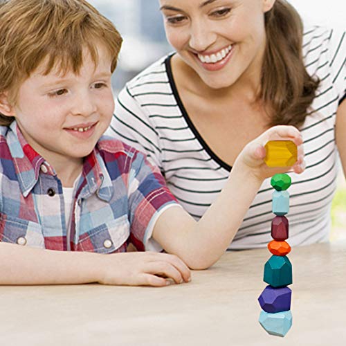 Image of Cllayees 16 Pcs Wooden Stacking Blocks Rocks Building Toys, Colored Solid Wood Stones Pre-School Educational Games Creative Toys for Kids Toddlers (Pack of 2)