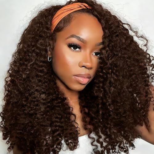 Image of XSY Kinky Curly Headband Wig Human Hair for Black Women Chocolate Brown 4# Glueless Curly Headband Wig Brazilian Virgin Human Hair None Lace Front Wigs 150% Density Natural Black Colour 22 Inch