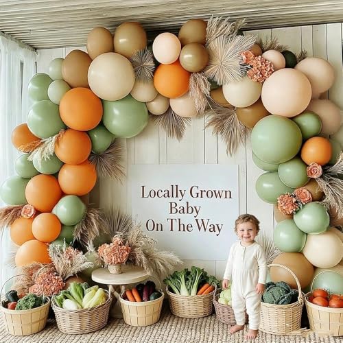 Image of Dusty Green Orange Balloon Garland Double Stuffed Blush Brown Nude Balloon Arch Avocado Sage Green Balloons for Neutral Baby Shower Bridal Shower Gender Reveal Birthday Summer Party Decorations
