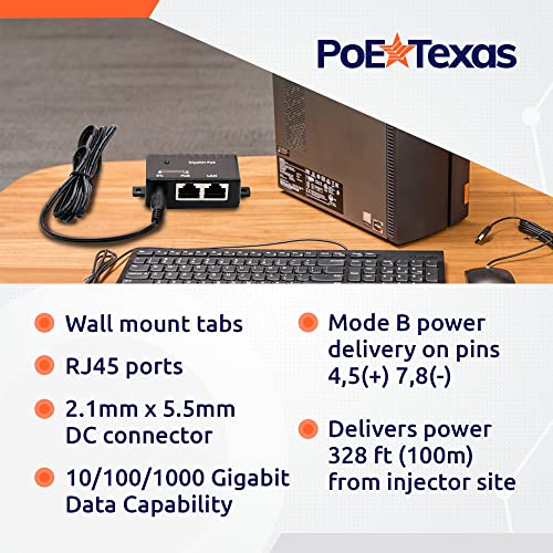 Image of Poe Texas PoE Injector - Single Port Power Over Ethernet Passive PoE Adapter - 10 /100 /1000 Gigabit Data - Includes 48V 15W Power Supply - Wall Mounting Plug & Play for Home Office, VoIP Phone, WiFi AP