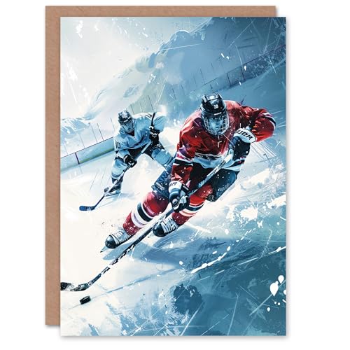 Artery8 Ice Hockey Players in Game Oil Painting Winter Greeting Birthday Card Him Her All Blank