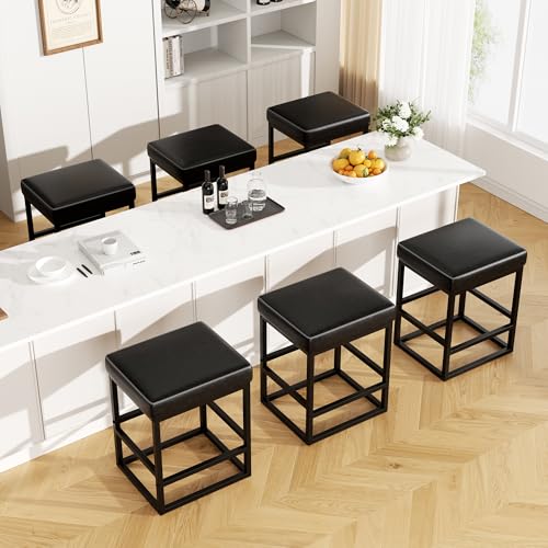 Image of Bar Stools Set of 6, 24in Counter Height Barstools, Faux Leather Counter Stools with Thick Square Seats & Sturdy Metal Base, Modern Bar Chairs for Kitchen Island (Black)