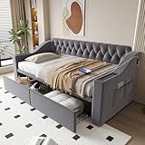 【Design Multifonctionnel】 Ce canapé-lit 90 x 190 cm allie confort et fonctionnalité avec son tissu velours doux et agréable au toucher. Il dispose de grandes armoires de rangement sous le lit et d'accoudoirs larges avec des espaces intégrés pour un rangement pratique de vos objets quotidiens.