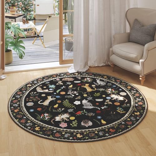 Round Rug 4ft Washable Circle Rug Non Slip Low Pile Boho Floral Animal Cat Small Circular Rug for Bedroom Bathroom Entryway Kids Room Office College Dorm, Black