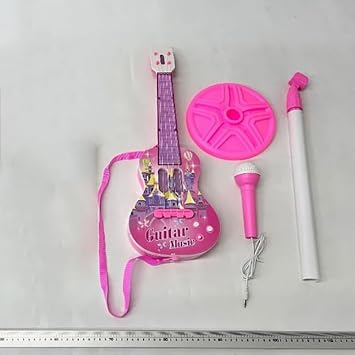 Kids Guitar and Microphone Play Set, Pink Musical Toy with Stand, Light Effects, Adjustable Height