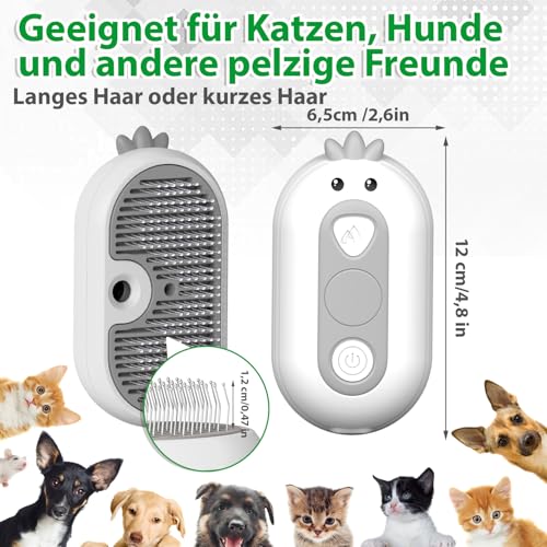 Katzenbürste mit Dampf & Auslöseknopf, Wiederaufladbar Dampfbürste von Katze Hunde, Spray Haustierhaar Bürste, Massage Steamer Kamm für Langhaar und Kurzhaar zum Entfernen Losem Fell und Schmutz