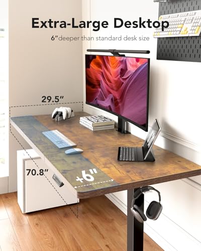 Image of HUANUO 71 x 30 inch Electric Standing Desk, Powerful Brushless Motor Large Height Adjustable Table, 4 Memory Preset Sit Stand Up Desk, Home Office Computer Table with Thick T-Shaped Frame, Vintage
