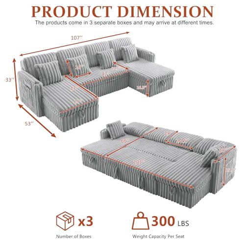 Image of 107'' Sectional Sleeper Sofa with Pull Out Bed, Storage Chaise, Adjustable Backrest, USB Charger, Cup Holder & Side Pocket, Fluffy Soft Corduroy U Shaped Couch for Living Room, Cloud Grey