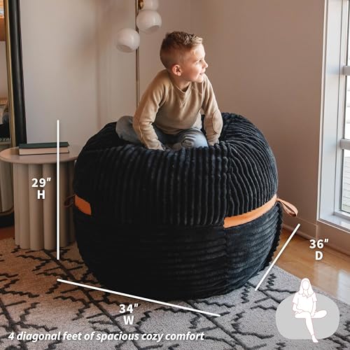 Image of Big Joe Fuf 4Ft Foam Bean Bag Chair with Removable Cover for Kids, Teens, Black Licorice, Corded Plush, 4 Foot Large Reading and Gaming Seat