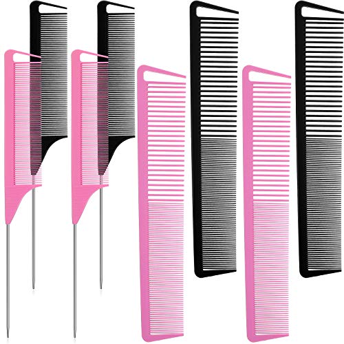 8 Pieces Styling Comb Set, Rat Tail Combs Hair Parting Comb Stainless Steel Pintail Comb Teasing Combs Carbon Fiber Teasing Comb Fine and Wide Tooth Comb for Braids Salon Home Supplies, Black, Pink