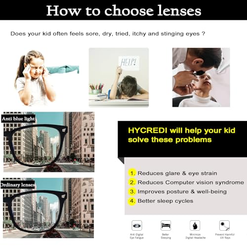 Image of Hycredi Kids Blue Light Blocking Glasses for Boys & Girls, Square Frame | Lightweight Eyewear For Daily Screen Time, Ideal For Computers, Gaming, Tablets And Phones With Comfortable Lenses