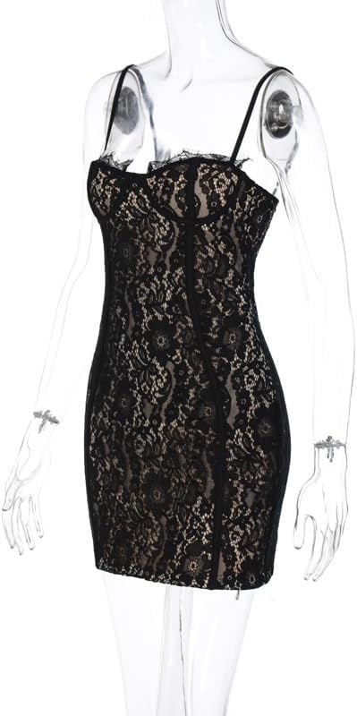 AIBEARTY Women's Floral Lace Spaghetti Strap Mini Dress Sexy Push Up Sheer Cami Bodycon Party Club Cocktail Dresses - Image 6