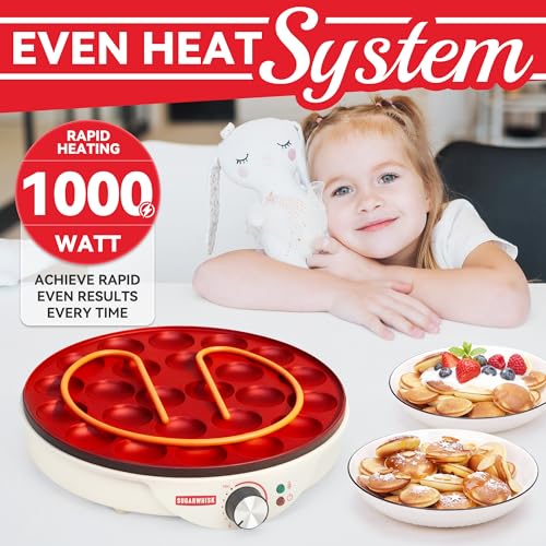 Image of SugarWhisk 24 Slots Mini Pancakes Maker, Poffertjes Maker Pan, Thin Ebelskiver Aebleskiver Pan, Electric Pancakes Maker, Dutch Pancake Machine, Browning Controllable, with Brush & Forks, White