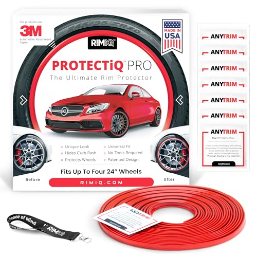 RIMiQ PROTECTiQ PRO Universal Rim Protection Trim - Curb Rash Guard with Award-Winning Patented Design and Premium 3M Tape - Fits Up to 4X 24 Wheels Cars Trucks SUVs - Red