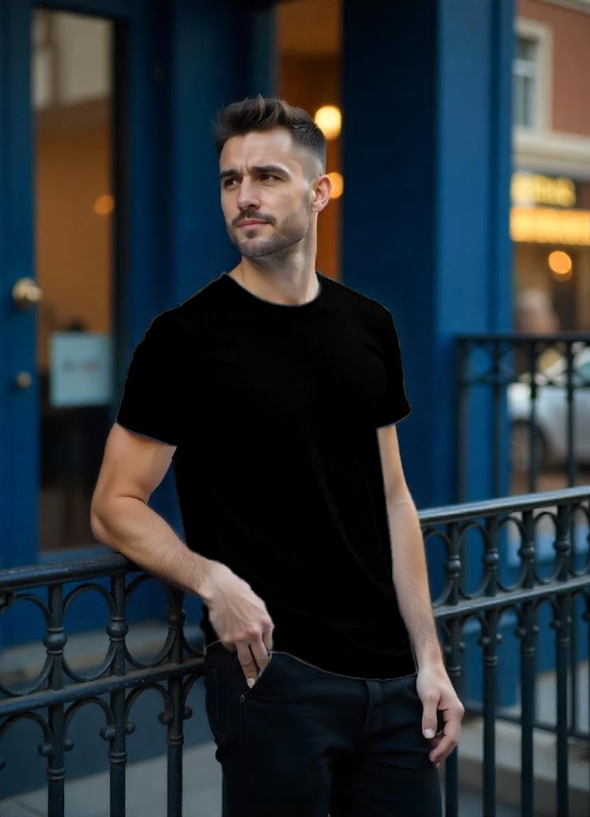 Men’s 100% Cotton Crew Neck T-Shirt – Ring Spun Cotton, Soft Crew Neck Tee, Casual Short Sleeve, Breathable, Lightweight, Classic Slim Fit, Pre Shrink, Black, XL - Image 2