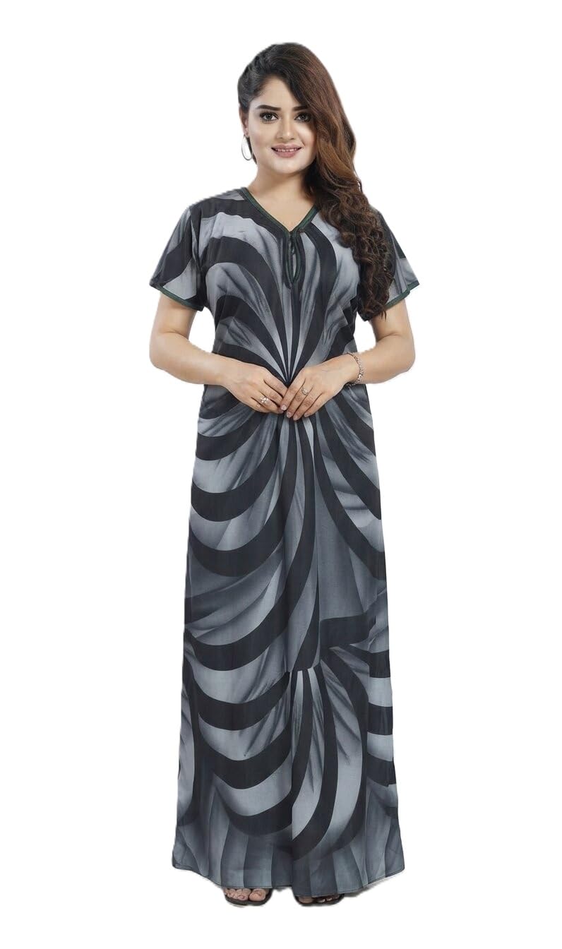 Women's Satin Maxi Night Dress with Robe, Maroon Floral Printed V Neck Nightgown, Short Sleeve Full Length Sleep with Waist Comfortable Lounge for Daily Home-image-28