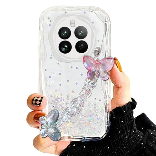 Image of KC Back Cover for Realme 12 Pro 5G & Realme 12 Pro Plus 5G - Curly Wave Dry Fixed Non Moving Glitter Crystal Butterfly Wrist Bracelet Shockproof Soft Silicone Camera Protection Case (Transparent)