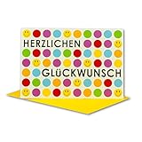 Glückwunschkarte 20 Set mit Umschlägen Gelb - Dankeskarte Motiv Bunte Smilies & silberne Folienprägung - Klapp-Karte DIN B6 17,0 x 11,5 cm - Grußkarte für Geburtstag Hochzeit Geburt Taufe Kommunion