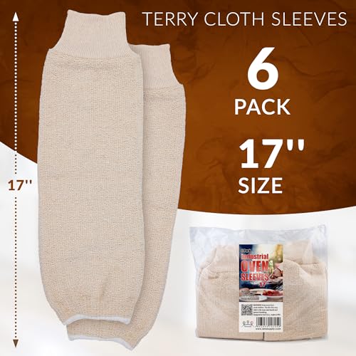 AMZ Supply Terry Cloth Arm Sleeves, 17 Inch, Natural Beige, 6 Pack (3 Pairs), Cotton Polyester Blend, Vegan Eco-Friendly Fabric, Reversible, Machine Washable, Elastic Knit Cuffs, Cooking & Baking