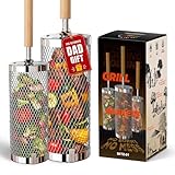 Rolling Grill Basket 2-Pack,304 Stainless Steel Grill Basket with Removable Wooden Handle,BBQ Tool & Smoker Accessory for Grill Rotisseries Veg & Shrimp,Ideal for Outdoor Cooking,Camping & Gifts for Dad/Husband/Men