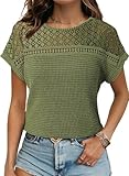 Chicrise Blusa elegante de manga corta para mujer, encaje, crochet, cuello redondo, camiseta de verano, verde hierba, XL