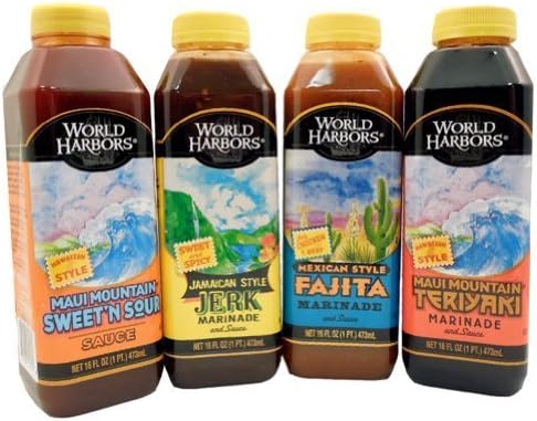 Bundle - 4 Items: World Harbors Marinade Sauces - Mexican Style Fajita, Maui Mountain Teriyaki, Jamaican Style Jerk, Maui Mountain Sweet 'n Sour by World Harbors