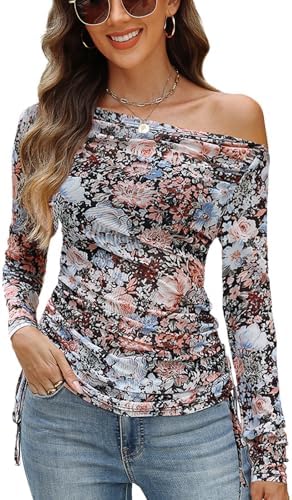 CiCiBird Womens 2025 Fall Off Shoulder Tops Long Sleeve Floral Mesh Shirts Trendy Going Out Outfits