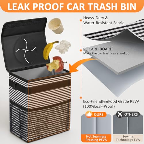 Image of Vankor Car Trash Can with Lid , 100% Leak-Proof Vehicle Trash Can Hanging Car Garbage Can for Back Seat Multipurpose Car Trash Bag Stripe