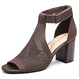 NEWBELLA Women's Knit Ankle Strap Sandals - Open Toe Block Heel Pumps, Breathable Comfortable Summer Heels for Casual Outings, Coffee 7