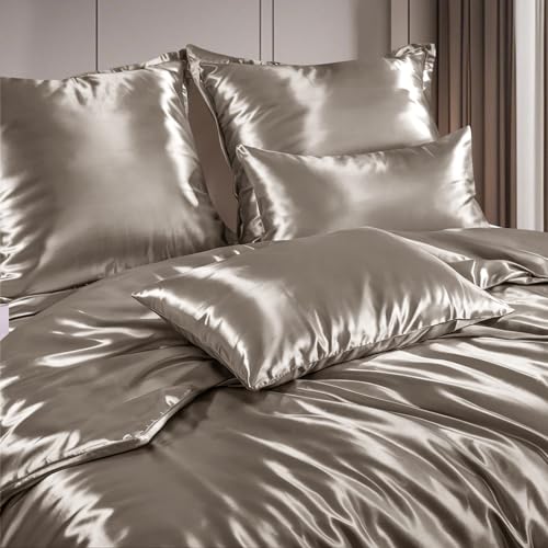 RUIKASI Satin Bettwäsche 200x200 Taupe - Seidig Luxus Bettbezug mit Glanz wie Seiden Bettwäsche Set Braun für Haar und Haut… – Ansicht 3