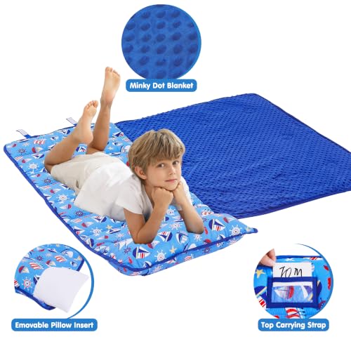 Image of Viviland Toddler Kid Nap Mat for Preschool, Boys Blue Bottomed Sailboat Slumber Bag, Daycare Sleeping Bag with Pillow and Blanket, Kindergarten Sleep Mat