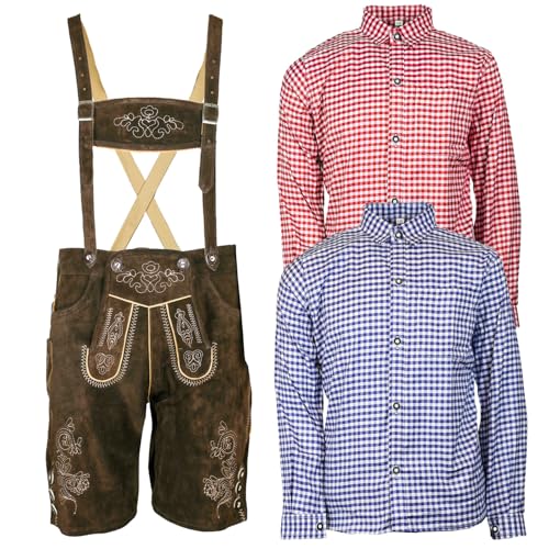 MS-Trachten Trachtenset Kinder Lederhose Trachtenhose mit Hemd (152, blau-kariert)