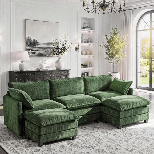 Image of 112 inch U-Shape Modular Sofa with 2 Ottomans, Deep Seat Cloud Convertible Sleeper, 2 Arm Pillows, Comfortable Upholstered Furniture for Living Room Apartment, Green