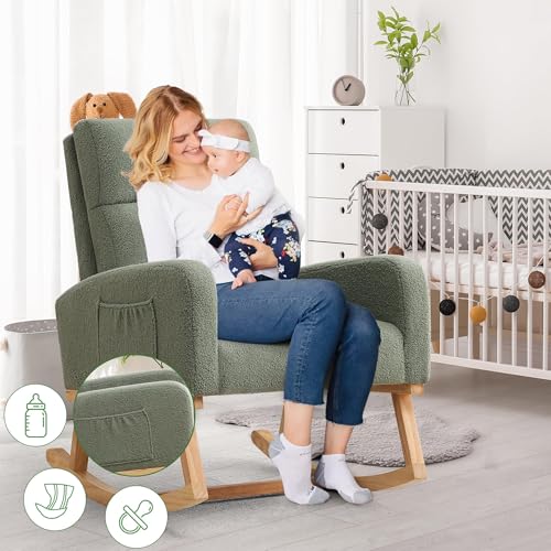 Image of HCHAIRH Rocking Chair Nursery, Boucle Teddy Nursing Rocking Chairs, Upholstered Nursery Glider Rocker for Mom Nursery Morden Accent Rocking Chair with Side Pocket for Living Room,Bedroom, Green