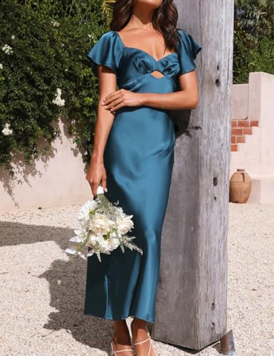Image of Summer Satin Flutter Sleeve Wedding Guest Dresses for Women Sweetheart Neckline Cutout Tie Back Midi Cocktail Dress