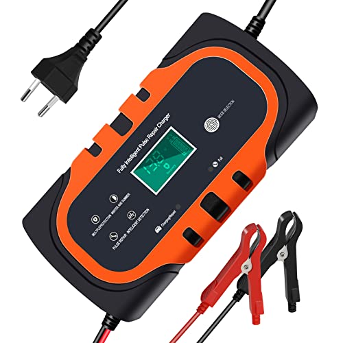 Chargeur Batterie Voitures,Superpow Chargeur Batterie 12V/10A,Intelligent Chargeur Batteries Auto et Moto avec Automatique Fonction de Réparation,Chargeur Batterie avec écran LCD pour Auto, Moto,SUV.