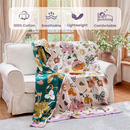 Image of MSGKV Boho Throw Blanket 90 inchx108 inch 100% Cotton Floral Blanket for Bed