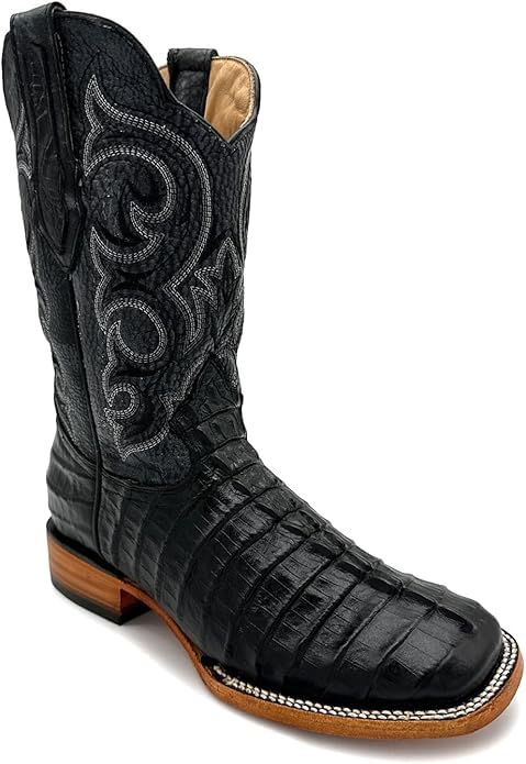 Men’s Genuine Leather Exotic Crocodile Caiman Tail Print Square Toe Cowboy Western Boots - Black