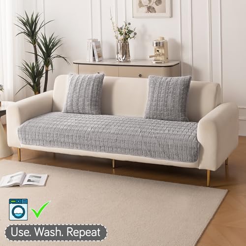 Image of HOKIPO 'Plush Haven' Premium Anti-Slip Sofa Cover Mat for 3 Seater Sofa | Soft Fluffy Plush Fabric, Light Grey (AR-5035-LGRY*1)