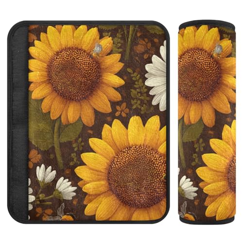 Image of Brown Sunflowers and Bees Seat Belt Cover Pad 2 Pcs Soft Cute Seatbelt Covers Protector Support Head Neck Shoulder Strap for Car Seats High Chair Backpack for Adults Kids Women Men 6.5x6.5In 2