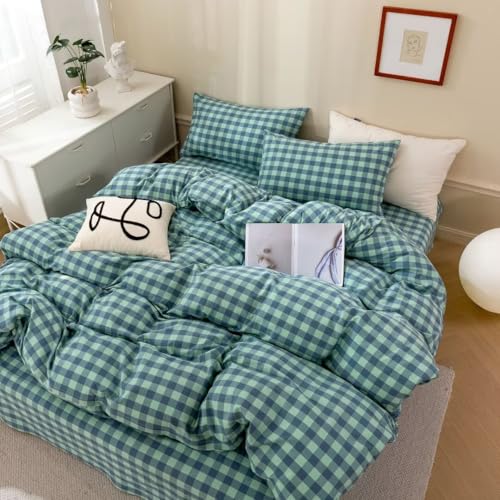Image of MKXI Moss Green & Navy Checkered Duvet Cover Set 3-Piece Washed Cotton Reversible Bedding Queen Soft Vintage Plaid Design with Zipper Closure & Corner Ties