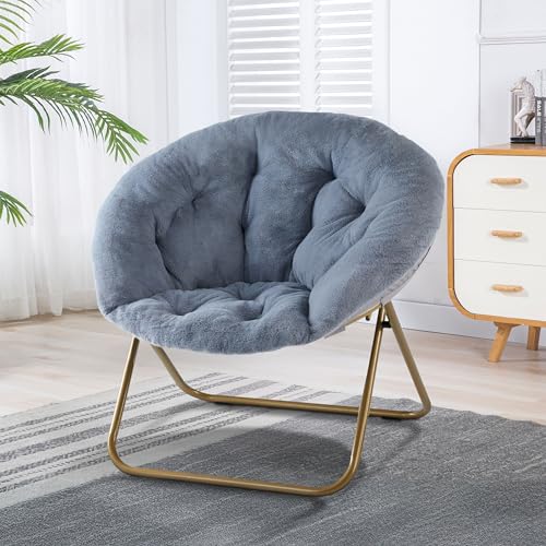 Image of Simple Deluxe Cozy Chair, Faux Fur Saucer Chair for Bedroom, Comfy Foldable Moon Chair, Round Fluffy Chair for Living Room, Fuzzy Saucer Chairs for Adults Room, Gray