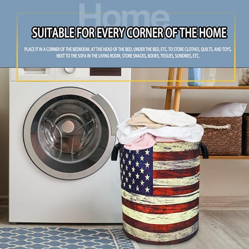 Image of Retro American Flag Laundry Basket Foldable Waterproof Hamper 18.9x16.5 In | Oxford Cloth With Reinforced Handles Lining Design Large-Capacity Storage For Bathrooms /Laundry Rooms / Living Rooms /Bedrooms