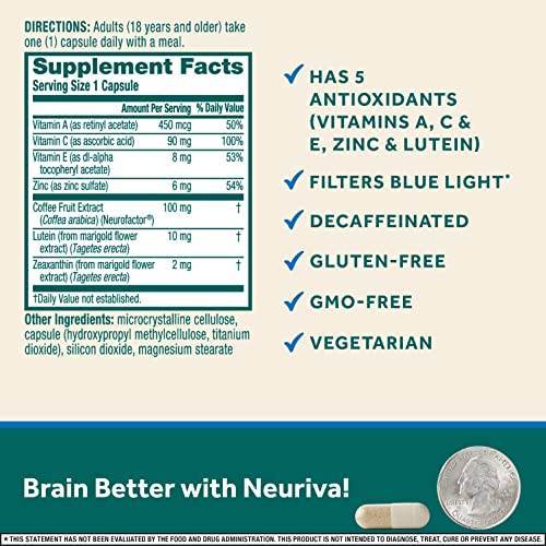 Neuriva Brain + Eye Supplement For Memory, Focus & Concentration With Lutein & Vitamins A C E And Zinc For Eye Health & Zeaxanthin To Filter Blue Light, 30Ct Capsules #TOP2