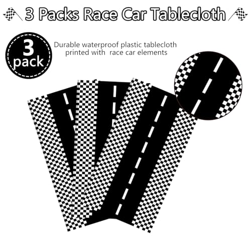 Image of Kesfey 3 Packs Race Car Plastic Table Cloths 54 x 108 Inch Race Car Road Birthday Party Supplies Race Track Tablecloth Black Checkered Flag Table Covers Monster Jam Table Cloth for Kids Boy Car Theme