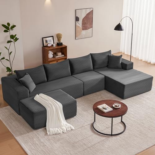 Image of Mangodan 140 inch Cloud Sectional Couch, Boneless Sofa for Living Room, Modular Sectional Sofa with Deep Seat, Comfy Fluffy U-Shaped Couch with Right-Facing Chaise, No Assembly Required, Grey