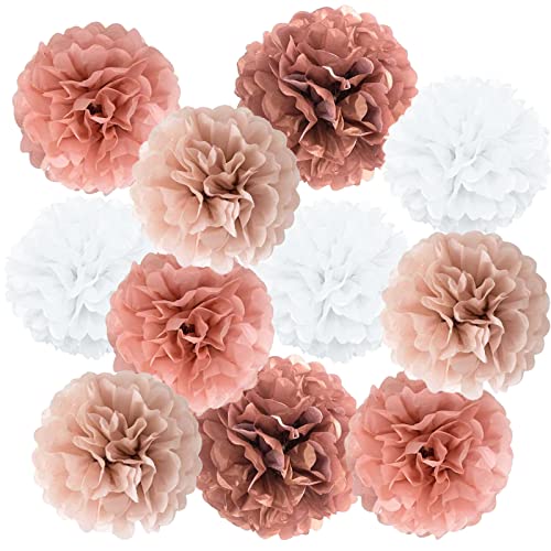 Image of Rose Gold Tissue Paper Pom Poms Decorations, 12 inch, 10 inch, 8 inch, Paper Flowers for Wedding, Birthday, Baby Shower, Bachelorette Party, Engagement Party Decor - 12 Pcs