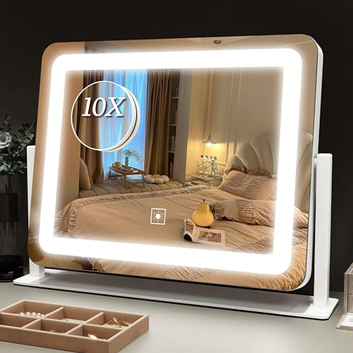 Image of ROLOVE Vanity Mirror with Lights 15 inchx12 inch, Lighted Makeup Mirror with 10X Magnification, 3 Color Lighting & Dimmable Brightness, Light Up Mirror for Desk, Bedroom, Bathroom