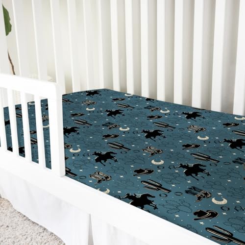 Image of Vintage Western Cowboy Baby Crib Sheets 52''x28'' Cowboy Horse Boots Hat Cactus Moon Snug Fitted Crib Mattress Cover for Boy Girl Wild Plants Soft Baby Bed Sheet for Standard Crib Toddler Mattress